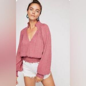 FP One - Smocked-Waist V-Neck Blouse in Dusty Rose
